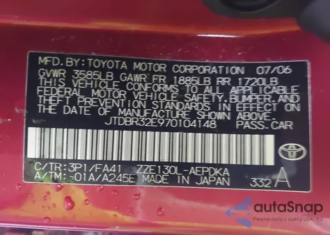 2007 Toyota Corolla Ce из США, поврежденный, VIN JTDBR32E970104148